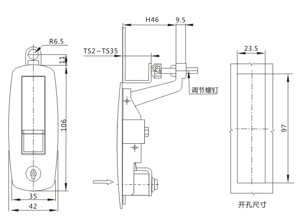 MS608锁外形尺寸开孔尺寸图