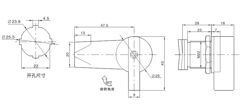 MS406锁外形尺寸开孔尺寸图